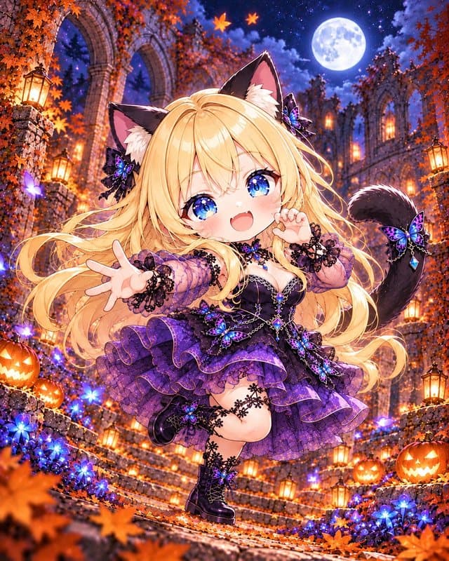 黒猫の耳としっぽを付けて、ランタンの灯る遺跡ではしゃぐ女の子
