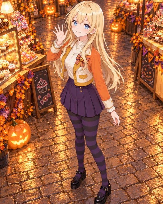 オレンジのジャケットで、ハロウィンのお菓子の市場に立つ女の子