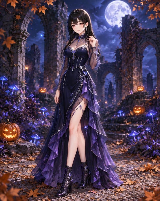 紫のドレスで、満月の夜の遺跡にたたずむ女の子