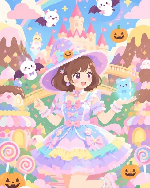 パステルカラーの魔女の衣装で、お菓子の国を歩く女の子