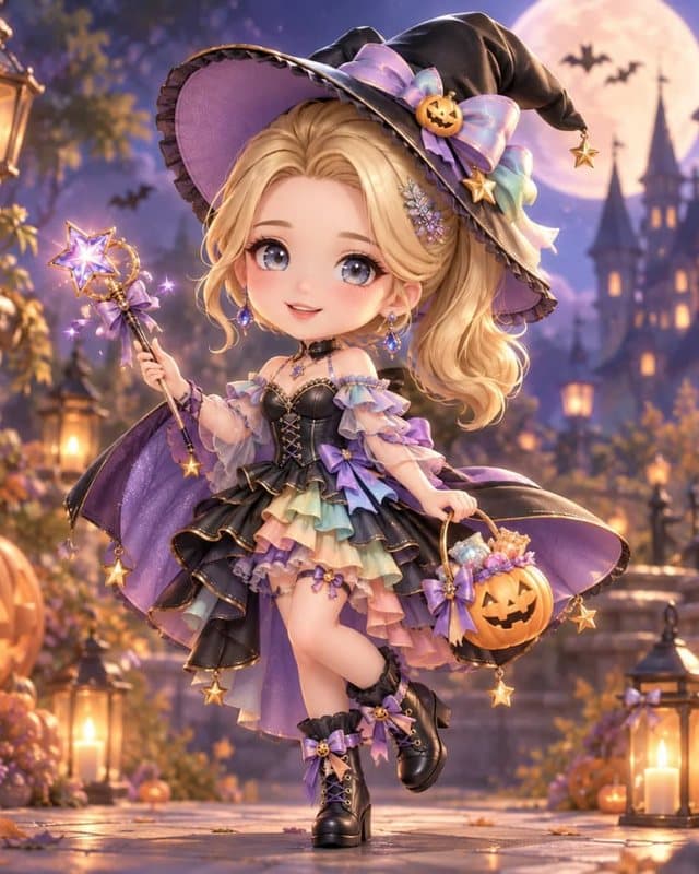 魔女の帽子とステッキで、月夜のお城の前を歩く女の子