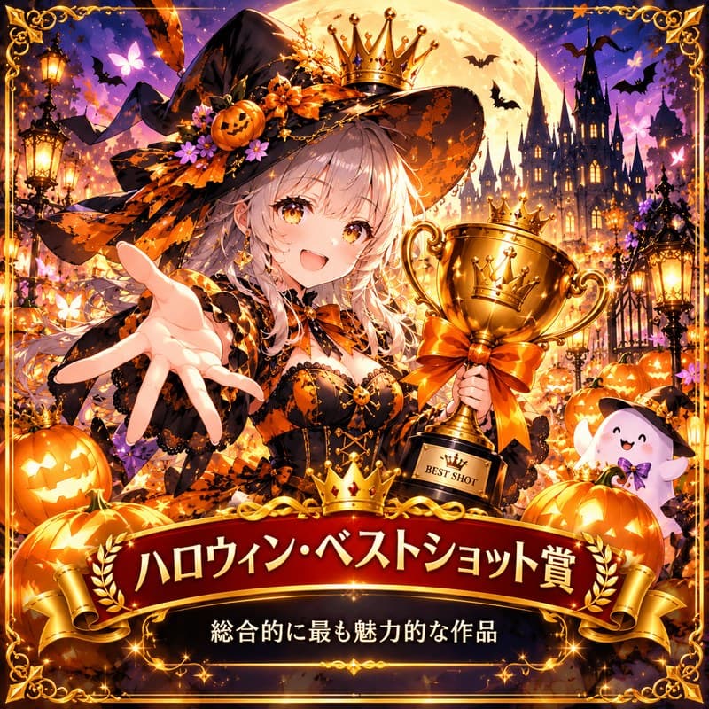 「ハロウィン・ベストショット賞 総合的に最も魅力的な作品」の文字と、金のトロフィーを掲げる魔女の女の子のイラスト