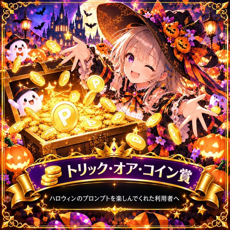 「トリック・オア・コイン賞 ハロウィンのプロンプトを楽しんでくれた利用者へ」の文字と、宝箱からあふれるコインに手を広げる魔女の女の子のイラスト