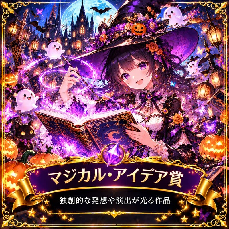 「マジカル・アイデア賞 独創的な発想や演出が光る作品」の文字と、魔法の本から紫の光を出す魔女の女の子のイラスト