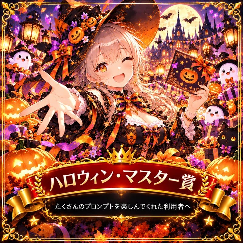 「ハロウィン・マスター賞 たくさんのプロンプトを楽しんでくれた利用者へ」の文字と、かぼちゃの絵のカードを手にウインクする魔女の女の子のイラスト