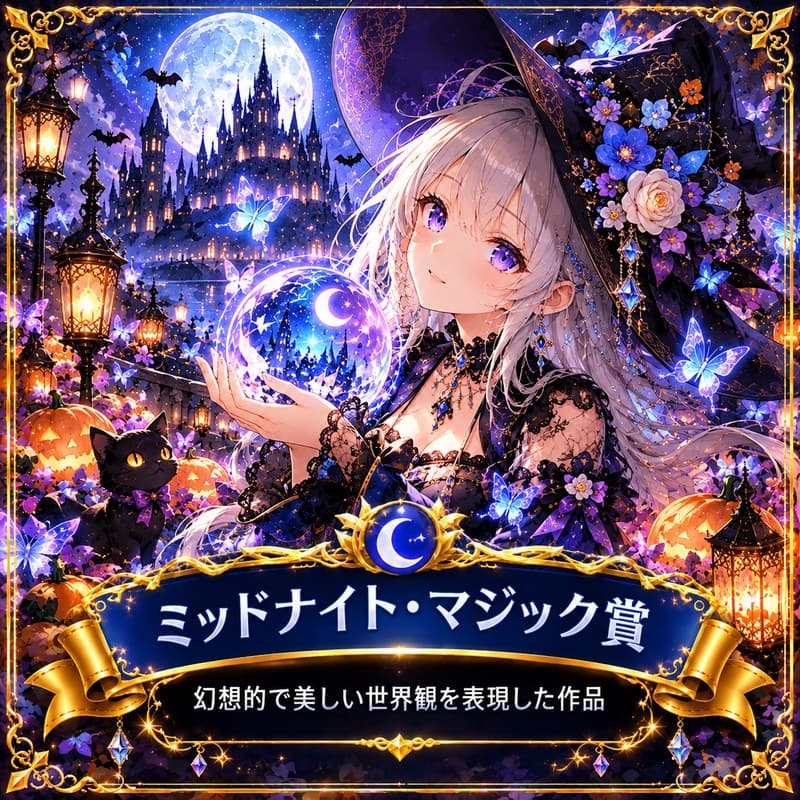 「ミッドナイト・マジック賞 幻想的で美しい世界観を表現した作品」の文字と、満月の夜に光る水晶玉を持つ女の子のイラスト