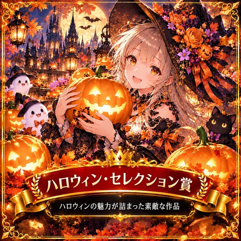 「ハロウィン・セレクション賞 ハロウィンの魅力が詰まった素敵な作品」の文字と、ジャック・オ・ランタンを抱える女の子のイラスト