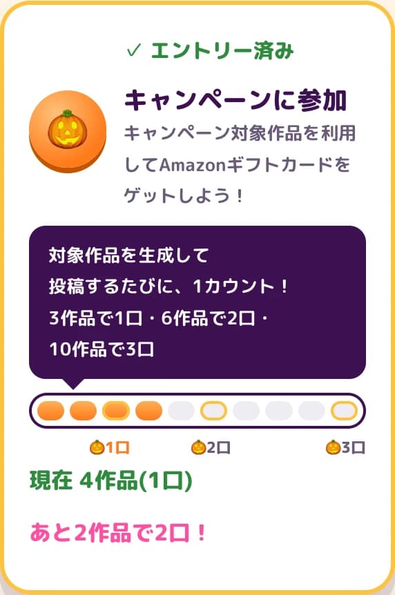 エントリーのカード。10段のバーのうち4段が埋まり、「現在 4作品(1口)」「あと2作品で2口！」と出ている