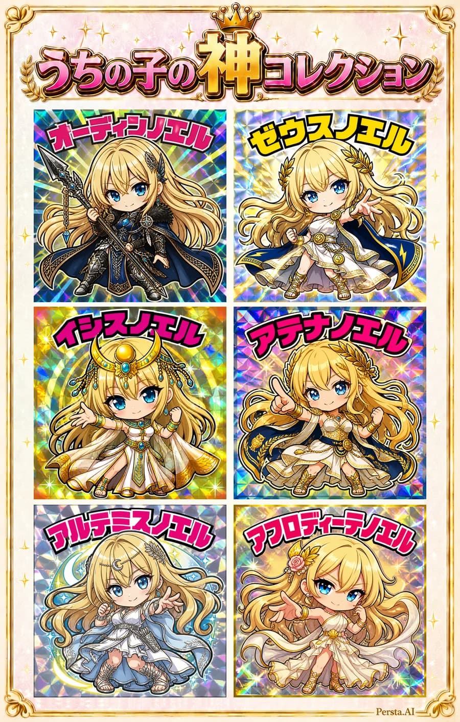 神コレクションのコンプリートシートサンプル(6柱の神シールが並んだ完成イメージ)