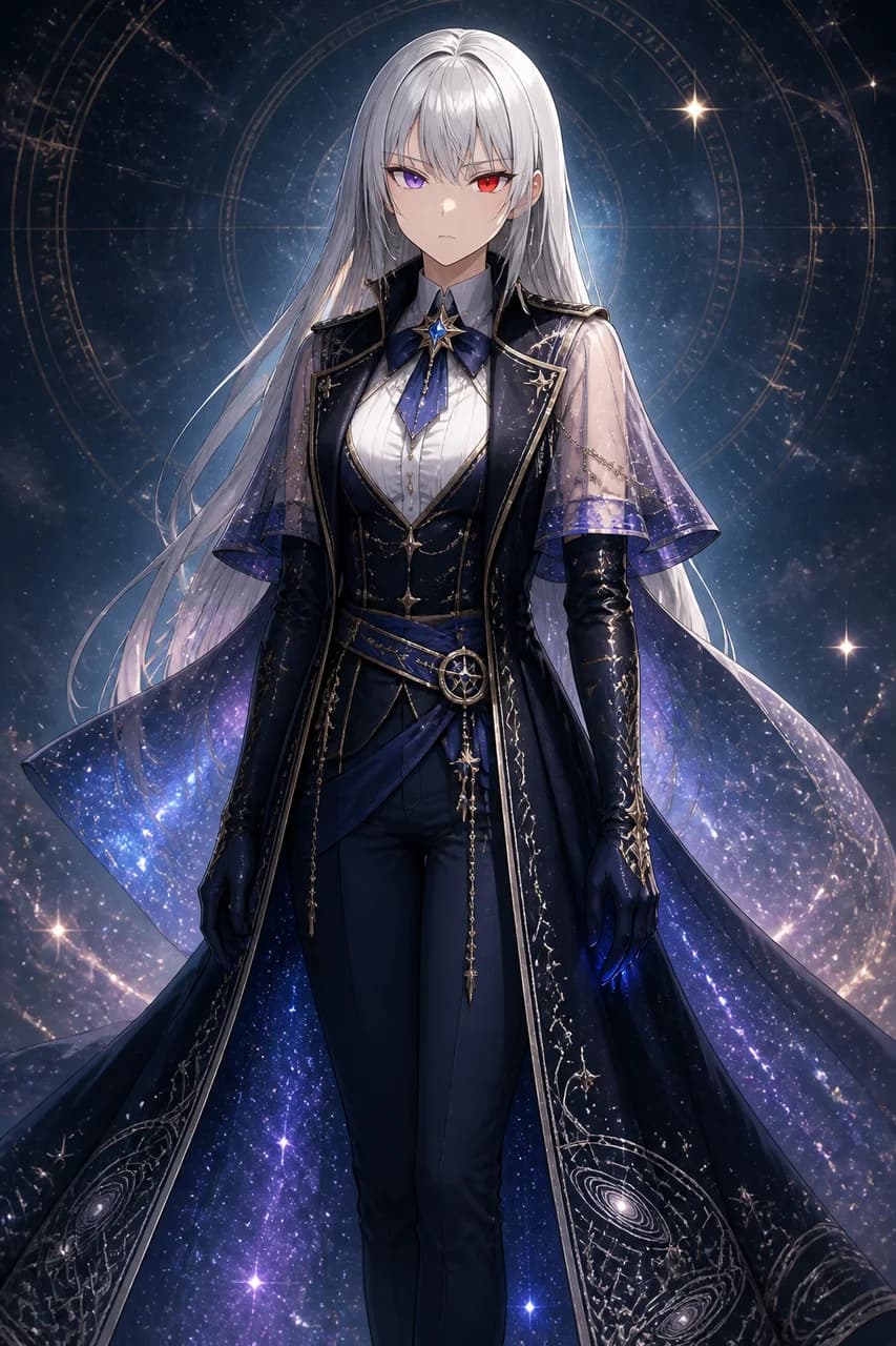 (masterpiece:1.2), (high detail:1.2), (fantasy illustrator style:1.2), (celestial navigator outfit:1.3), (deep navy velvet coat:1.3), (sheer fabric on shoulders:1.4), (see-through shoulder panels:1.3)