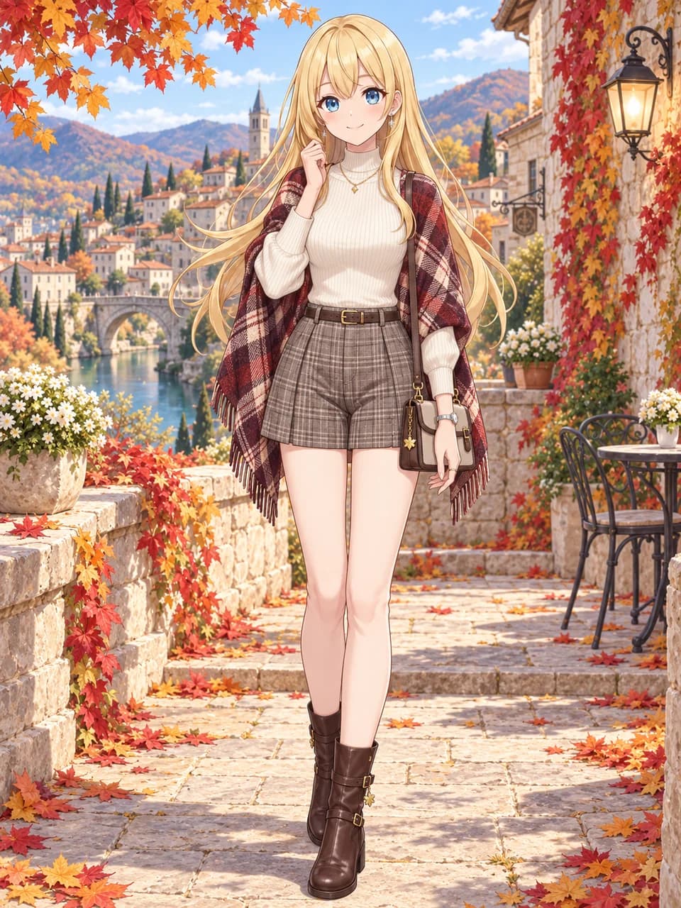 Autumn Hillside Plaid Shawl & Shorts Look