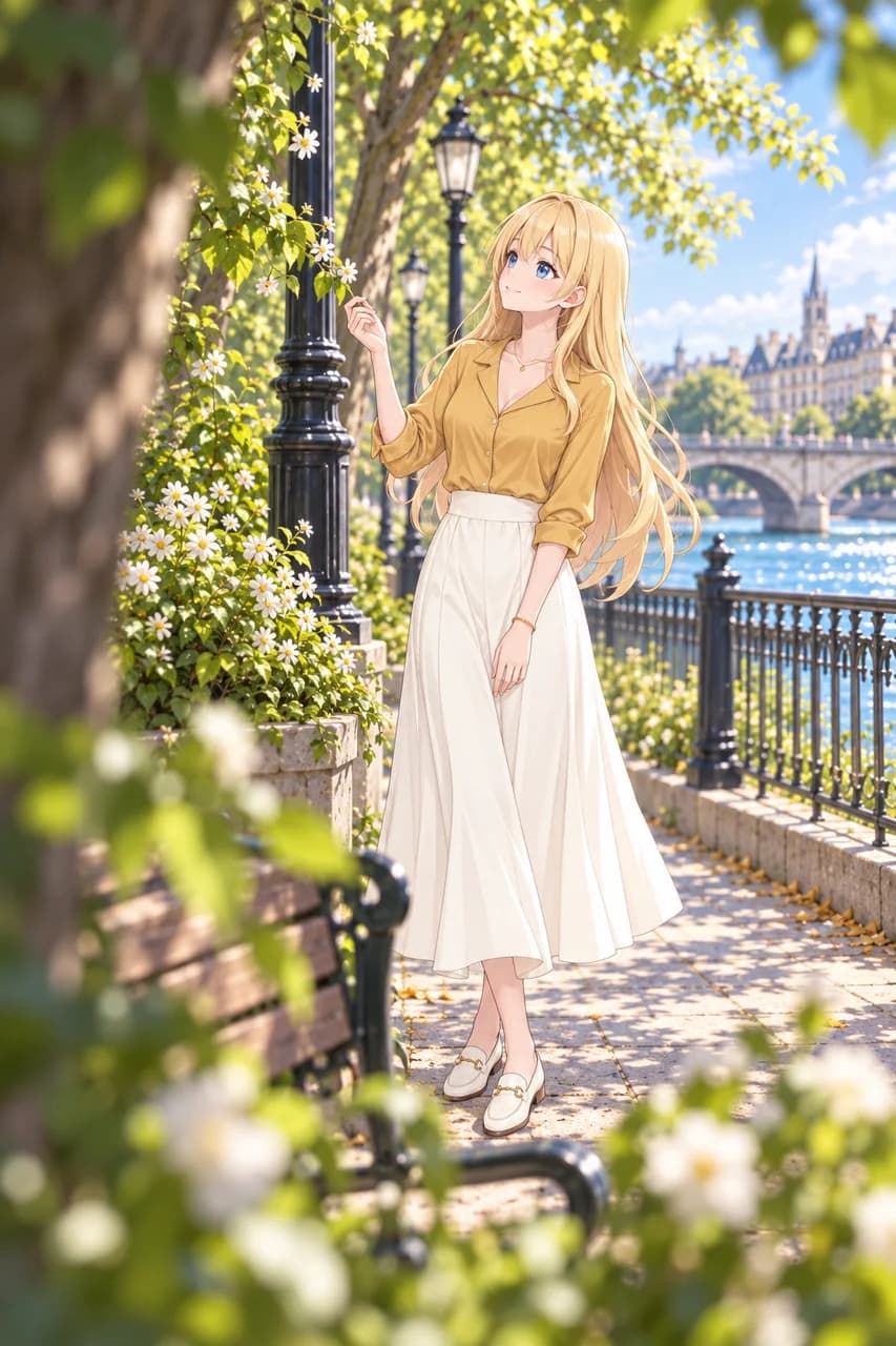 Riverside Promenade Mustard Blouse & Ivory Skirt Look