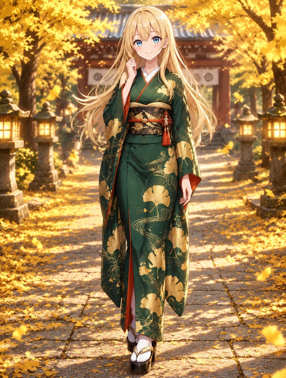Ginkgo Path Deep Green Kimono Look