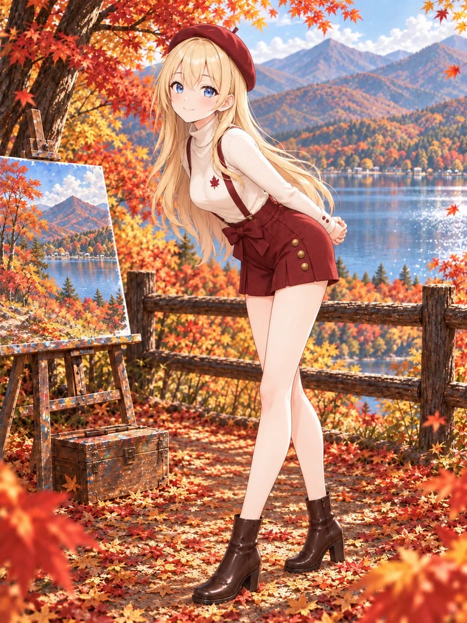 Autumn Lakeside Bordeaux Beret & Suspenders Look