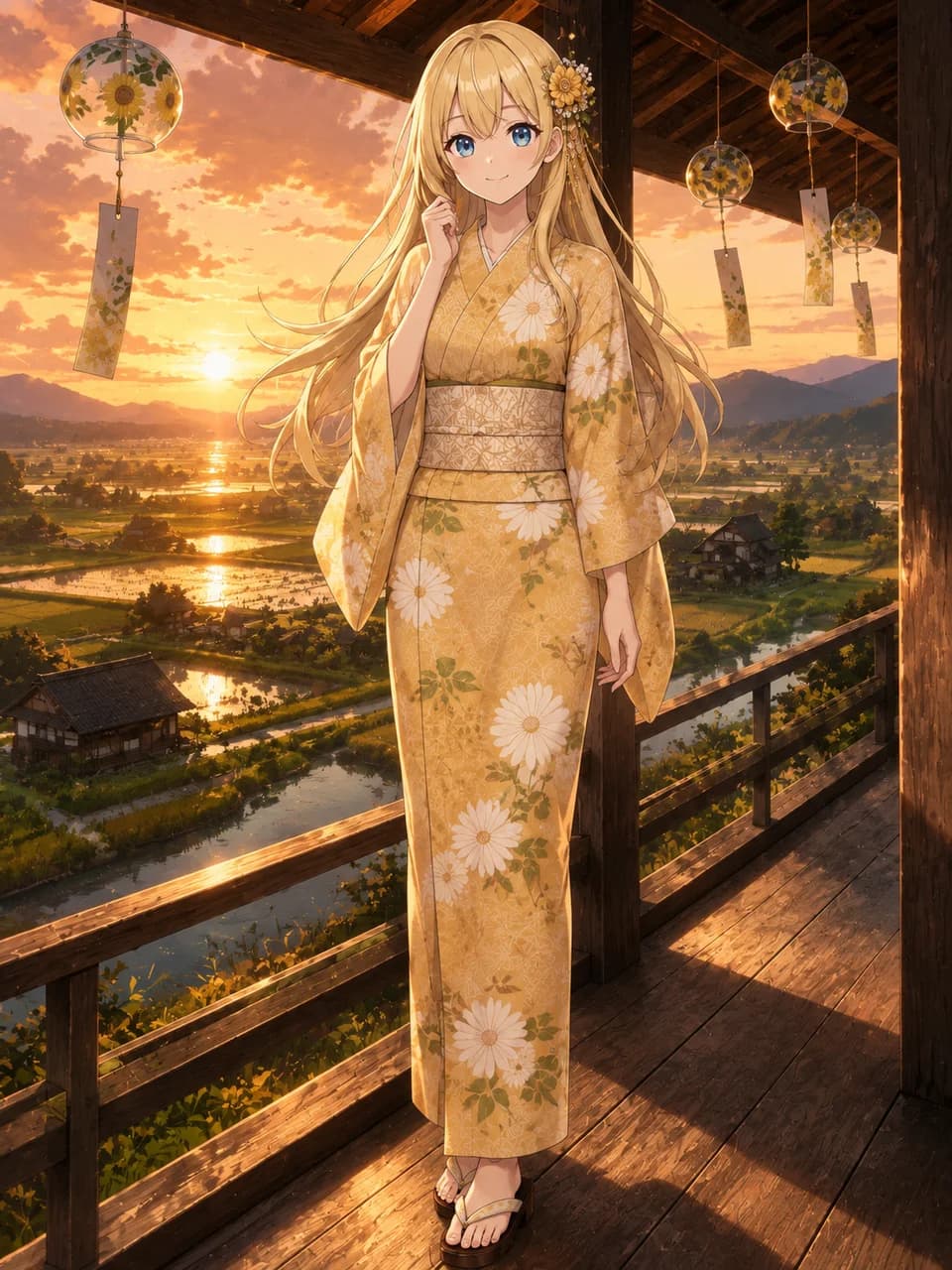 Summer Sunset Veranda Yellow Chrysanthemum Yukata Look