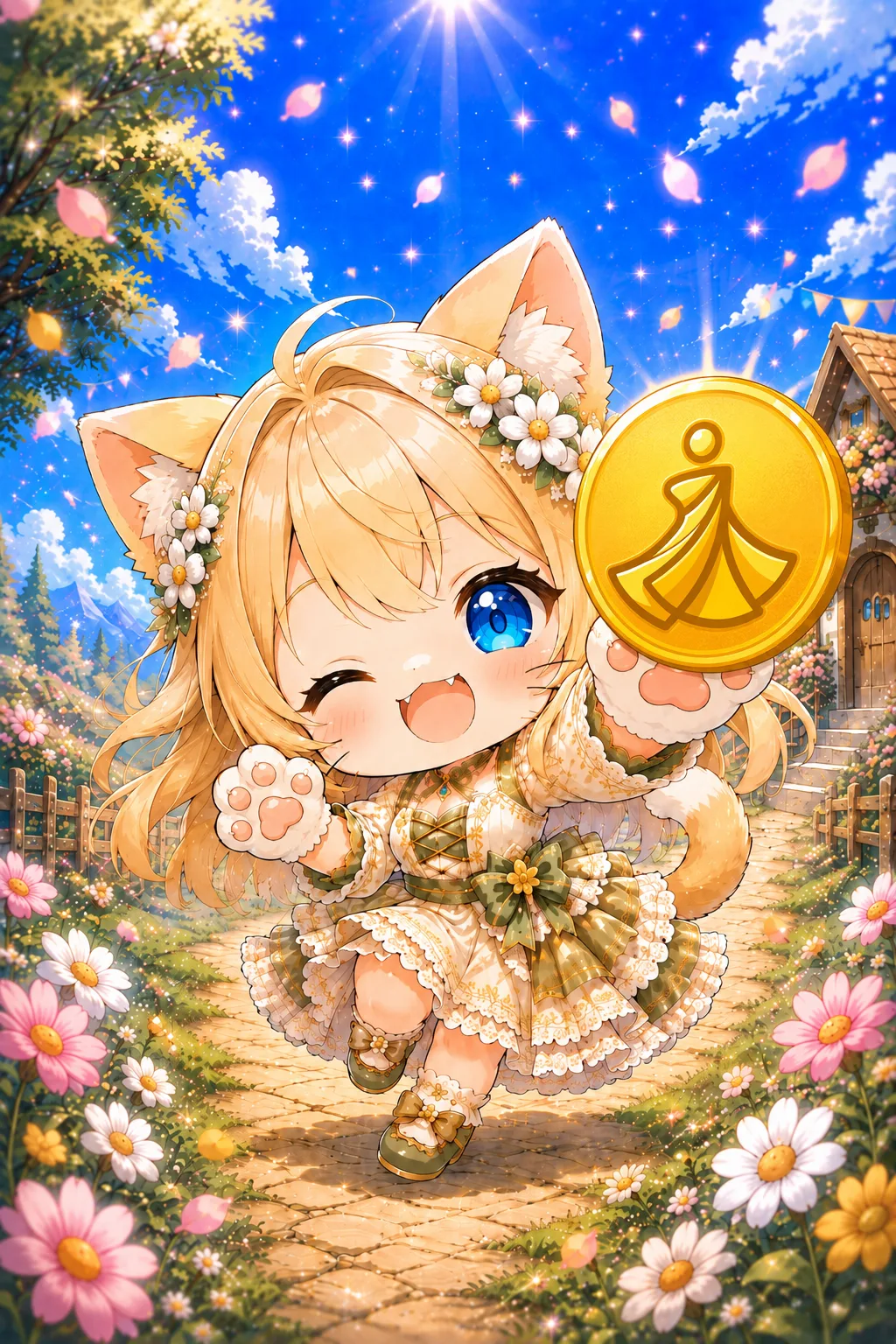 ペルコインを掲げて喜ぶ、うちの子のイラスト