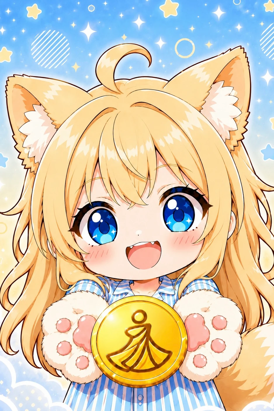 海辺でペルコインを掲げて笑う、うちの子のイラスト